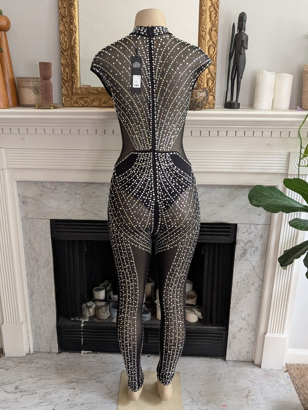 Fashion Nova Sheer Black Rhinestone Yara Bodysuit Size S Mesh Stretch Rave Bling - Picture 7 of 12